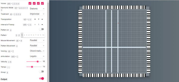 A photo of the music mouse interface, as emulated online. It has a set of commands on the left side, and the right side is the play area - it shows a grid with piano-keys on the top, bottom and left and right sides, and gridlines connecting the notes __together