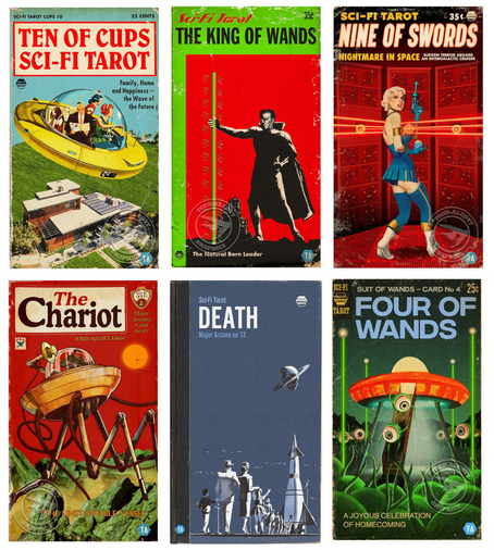 Six images of the sci-fi tarot cards. Each one looks like a pulp sci-fi novel from the 1940s and 1950s. The first one is "10 of cups", and shows a 1950s-style family riding along in their yellow flying saucer. The next is "the king of wands" and it shows grim cartoon of a black and white man in a cape, holding a glowing green wand, set against a red background with, far in the background, a dark castle on a hill. The next is "nine of swords", showing a woman with a Marilyn Monroe style appearance -- dressed in a short blue skirt, blue leggings and white boots, holding a blue space pistol aloft, as she turns her head around to look at the viewer, with an expression of surprise; behind her three glowing red banks of computers. The next is "the chariot", and it shows a man piloting a three legged UFO across a rocky green surface. The next is "death", and it shows a gray cartoon of a family, dressed in 1950s clothing, walking away from us and towards a line of people that recede into the distance towards the base of a spacecraft that is pointed towards the sky; everyone is apparently getting into the spacecraft, and in the sky above is a ringed planet. The final one is "four of wands", and it shows a cartoon of a glowing red flying saucer that has landed on the ground, from several aliens -- each one has a large eye occupying their entire torso -- are emerging and waving at a crowd of similar aliens who gathered around to greet them. 